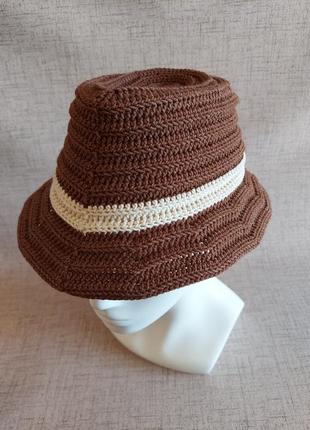 Хендмейд м'яка літня панама-капелюх федора унісекс коричнева в'язана гачком з бавовни9 фото