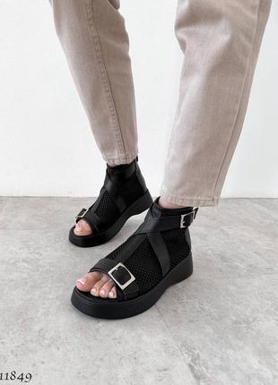 Стильні жіночі літні черевики з натуральної шкіри та сіточки, високі закриті босоніжки чорного кольору