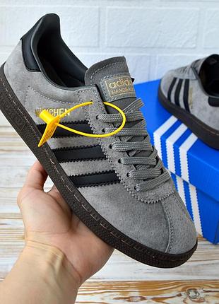 Adidas munchen кросівки кеди чоловічі адідас весняні осінні демісезонні демісезон топ якість ліцензія низькі сірі з чорним замшеві замша