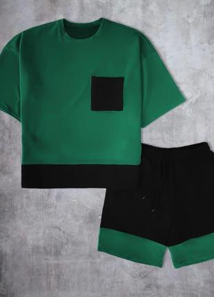 Оверсайз футболка+шорты двух цветных зеленый черный2 фото