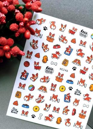 Слайдер дизайн, наклейки для ногтей собачками корги nail stikers нс 246