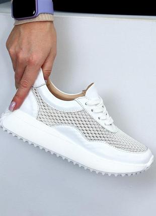 Жіночі білі кросівки на літо шкіряні + /текстильна сітка кроссовки на платформі кожа сетка