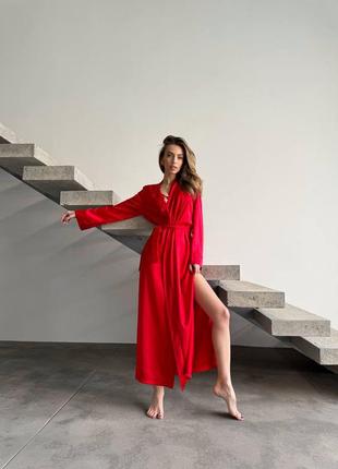 Шелковый длинный халат, яркий красный пеньюар, соблазнительное белье