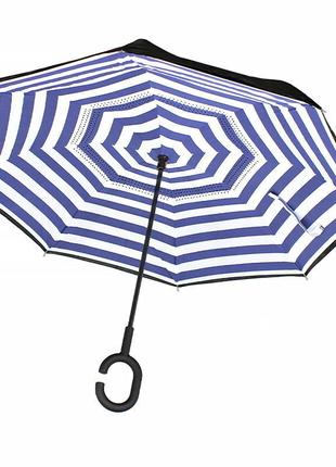 Зонт наоборот up-brella сине-белые полосы. механический складной зонтик наоборот устойчивый к ветру