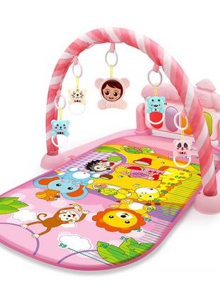 Дитячий розвивальний інтерактивний килимок 116-34 музичний піаніно з дугою і брязкальцями для немовлят pink