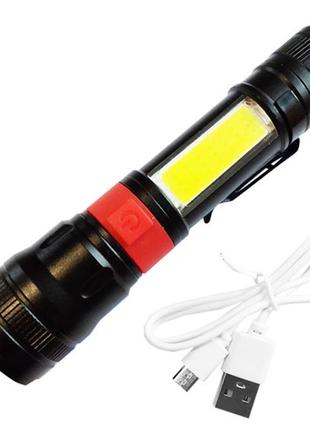 Фонарь ручной аккумуляторный pl-826-p70+cob(white+red), 1х18650, магнит, зажим, зу microusb, zoom, box3 фото