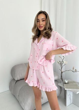 Легкая муслиновая пижама сорока и шорты, комплект для дома и сна, нежная пижамка с принтом сердечки