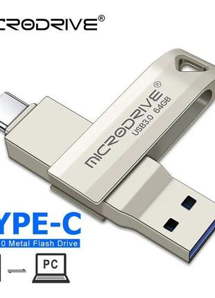 Usb флешка 2в1 64 gb type-c/usb 3.0 для телефона та комп'ютера microdrive сірий