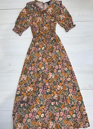 Довге плаття сукня в квітковий принт під пояс з воротніком new look 6 34 s-m