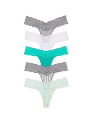 Набір трусиків victoria's secret 5-pack lace-waist cotton thong стринги xs комбіновані