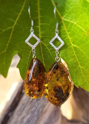 Сережки натуральне срібло 925 , зелений бурштин