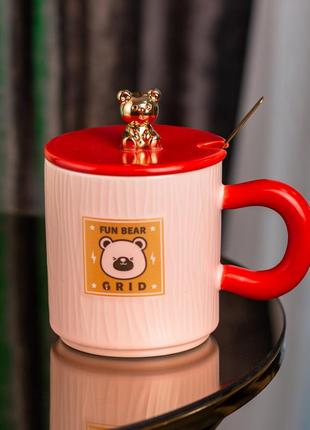 Чашка с крышкой и ложкой 300 мл керамическая "медвежонок" розовая