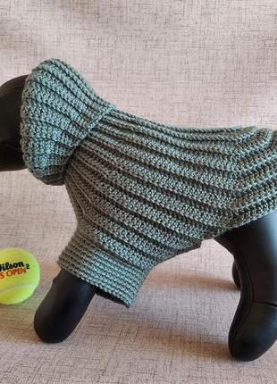 М'який в'язаний гачком вовняний светр-толстовка з капюшоном, худі зелена оливка для котів та собак8 фото