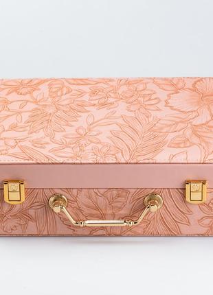 Шкатулка органайзер для украшений бижутерии прямоугольная с зеркальцем чемодан из экокожи розовая5 фото