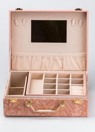 Шкатулка органайзер для украшений бижутерии прямоугольная с зеркальцем чемодан из экокожи розовая8 фото