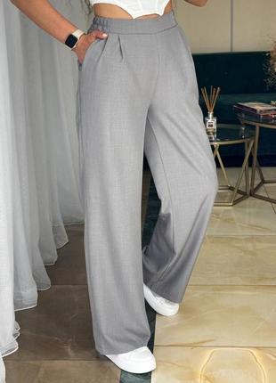 Трендовые твидовые летние брюки с высокой посадкой широкие с карманами свободного кроя