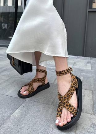 Коричневі леопардові жіночі босоніжки через пальчик з натуральної шкіри шкіряні босоніжки через пальчик лео