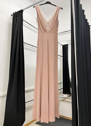Ідеальна нюдова розкішна вечірня довга сукня з привабливим розрізом збоку по ніжці asos7 фото