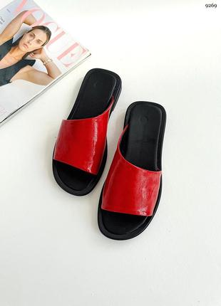 Шльопанці, червоний, натуральна лакована шкіра