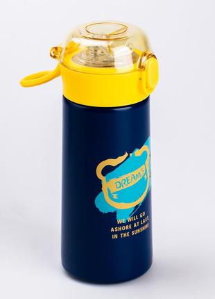 Бутылка термос для детей 380 (мл) с трубочкой металлический синий для мальчика в школу