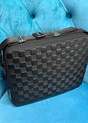 Черная кожаная мужская деловая сумка портфель папка для ноутбука документов а4 через плечо