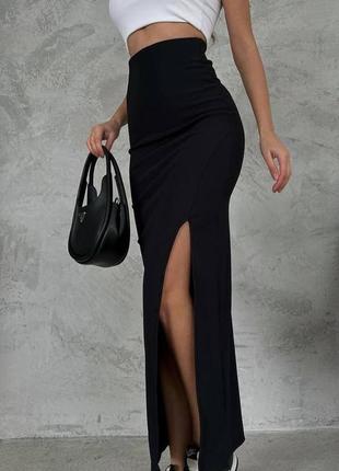 Женская юбка макси с разрезом сбоку, дайвинг, облегающая, на высокой посадке, прямая, длинная юбка, базовая, без принта, черная, однотонная, с вырезом2 фото