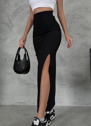 Женская юбка макси с разрезом сбоку, дайвинг, облегающая, на высокой посадке, прямая, длинная юбка, базовая, без принта, черная, однотонная, с вырезом5 фото