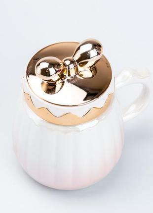 Чашка 500 мл с крышкой "бант" керамическая розовая3 фото