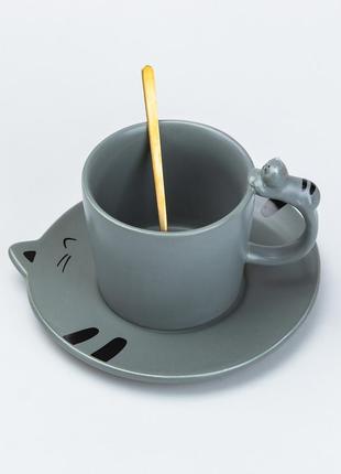 Чашка с блюдцем и ложкой керамическая 250 мл "котик" серая3 фото