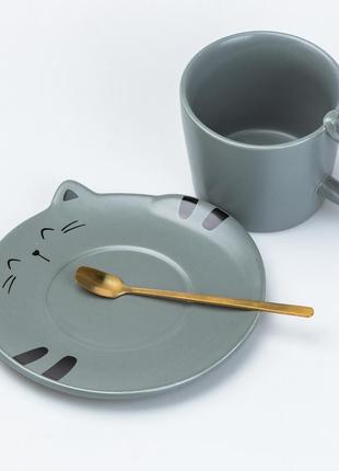 Чашка с блюдцем и ложкой керамическая 250 мл "котик" серая2 фото