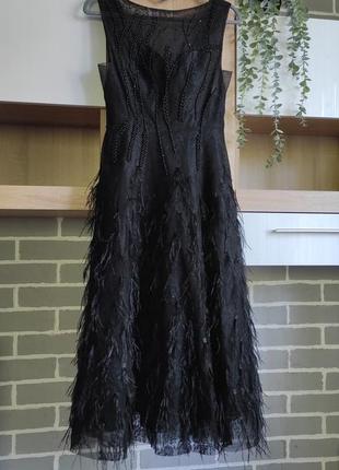 Misha длинное черное платье вечернее, платье с перьями, платье макси с открытой спинкой на выпускное, коктейльное платье