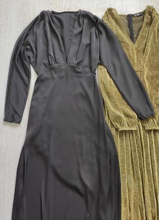 Черное длинное платье в пол макси шелковое атласное сатин вырез декольте вечернее4 фото
