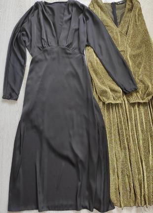 Черное длинное платье в пол макси шелковое атласное сатин вырез декольте вечернее3 фото