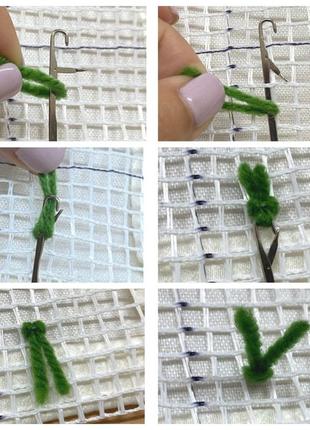 Набор для ковровой вышивки коврик котенок с зелеными ниткам (основа-канва, нитки, крючок для ковровой вышивки)6 фото