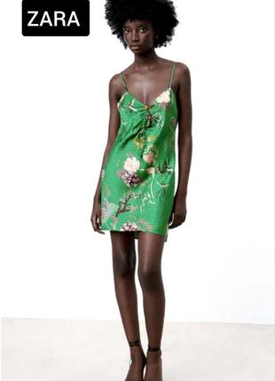 Платье мини женская сатин комбинация зеленого цвета в цветочный принт от бренда zara s