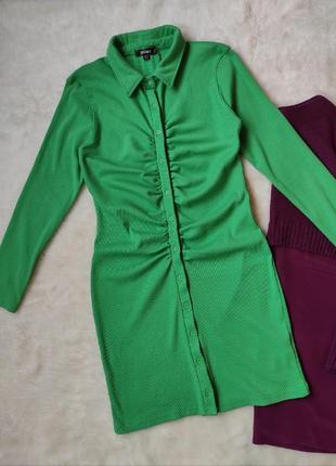 Зеленое короткое платье рубашка мини миди трикотажное стрейч с длинным рукавом
