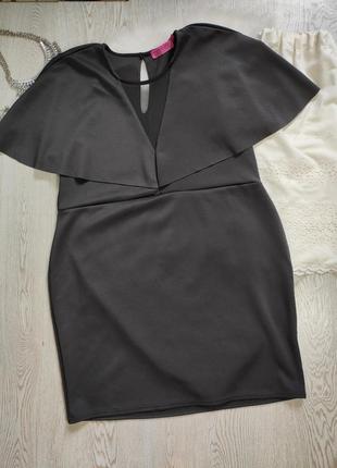 Черное вечернее нарядное короткое платье миди вырез декольте сетка кейп рукава стрейч2 фото