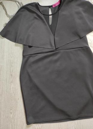 Черное вечернее нарядное короткое платье миди вырез декольте сетка кейп рукава стрейч3 фото