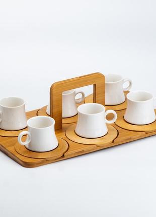 Набор чашек с блюдцами для чая и кофе 6 шт с деревянной подставкой