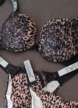 Комплект женского белья victoria's secret пушап леопард стразы кружево