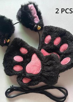 Набор: кошачьи ободок ушки перчатки черные, карнавальний костюм, нарядный кот, аниме, косплей