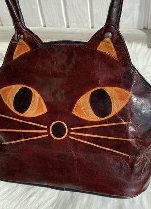 Кожаная сумка котик кот натуральная лакированная кожа винтаж кот