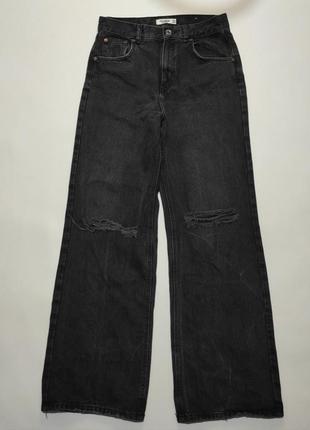 Длинные широкие джинсы палаццо черные графитовые темно серые с дырками порезами на коленях вареные варенки2 фото