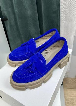 Синие неоновые туфли лоферы с перфорацией натуральный замш 36-41