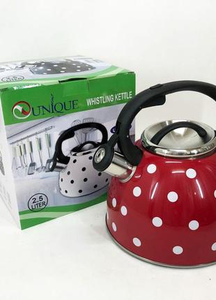 Чайник с свистком для газовой плиты unique un-5301 2,5л горошек, красивый чайник для плиты. цвет: красный