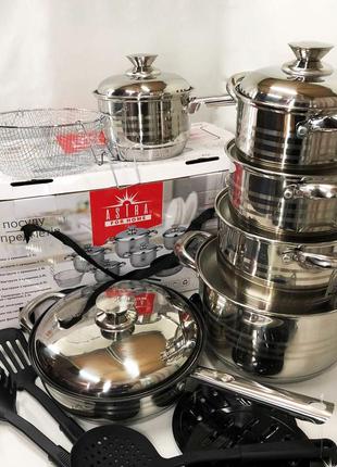 Набір посуду 18 предметів astra a-2518, каструлі з нержавіючої сталі, каструлі з кришками, гарні каструлі