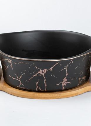 Салатниця з підставкою велика миска керамічна 29 х 22 х 9.5 см чорна (салатниці)1 фото