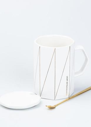 Чашка с крышкой и ложкой керамическая 400 мл белая (чашки)2 фото