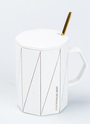Чашка с крышкой и ложкой керамическая 400 мл белая (чашки)3 фото