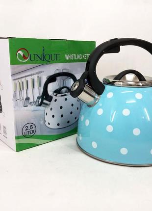 Чайник с свистком для газовой плиты unique un-5301 2,5л горошек, металлический чайник. цвет: голубой